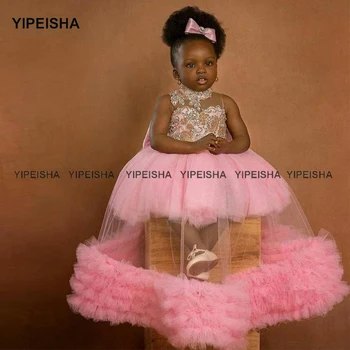 Yipeisha/ Розовые Платья с цветочным узором для девочек на Свадьбу, Прозрачное Пышное платье с бисером для маленьких девочек, Праздничное Платье для Первого Причастия Малышей