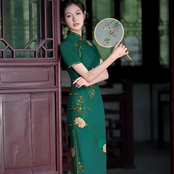 Yourqipao 2023 Летнее зеленое Ципао с улучшенным принтом в стиле Ретро, Элегантный модный вечерний костюм в китайском стиле Qipao для женщин