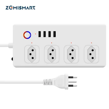 Zemismart Tuya WiFi Линейный Фильтр 4 Автоматических Выключателя 10A Штекер Smart Energy Розетки Бразилия Штекер 4 Розетки Зарядное Устройство 2.1A USB