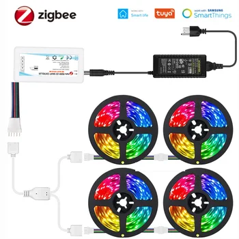 Zigbee 4в1 RGBW RGBWW светодиодный Светильник DC24V 5 М-20 М 5050 Гибкая Светодиодная лента 12 мм PCB Спальня Кухонные Светильники Украшение Tuya Smart App