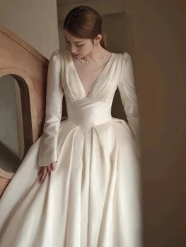 Атласные свадебные платья Aline с длинными рукавами и V-образным вырезом 2022, Зимние свадебные платья