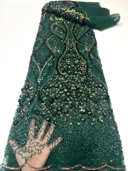 Африканская Кружевная ткань с блестками и бисером, Зеленая Высококачественная Кружевная ткань из нигерийского французского тюля, 5 ярдов для шитья свадебных платьев Для женщин