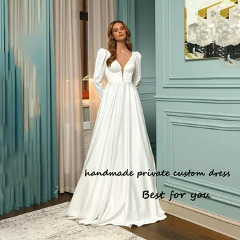 Белые атласные Свадебные платья Трапециевидной формы С Длинным рукавом и V-образным вырезом, Элегантное платье Невесты, Простые гражданские женские Свадебные платья подружек невесты