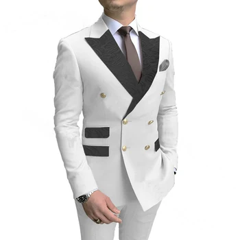 Белый Двубортный мужской костюм с лацканами, приталенный Свадебный смокинг Жениха, 2 предмета, мужской модный Пиджак, Брюки, Мужской Смокинг