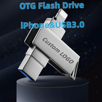 Бесплатный пользовательский логотип, 2 В 1, вращающийся металлический OTG флэш-накопитель, Интерфейс iPhone + Компьютер USB3.0, 64 ГБ, 128 ГБ, карта памяти