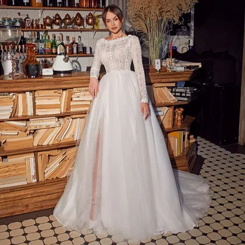 Богемное Свадебное платье из мягкого тюля с кружевным Длинным рукавом для невест, Женское Свадебное платье с разрезом сзади, Vestido Novia