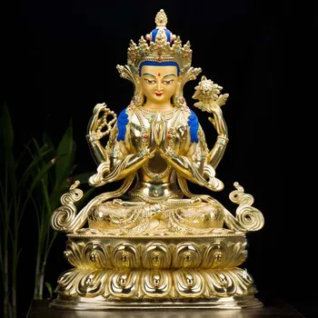 Большая высококачественная статуя Будды 48 см, Тибетский буддизм, Непальская позолота, статуя Будды Гуаньинь с четырьмя руками, благословляющая Безопасность, здоровье, удачу