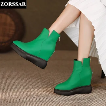 Ботильоны на платформе из коровьей кожи, женская модная обувь на танкетке, Пикантные женские туфли-лодочки на высоком каблуке зеленого цвета с круглым носком