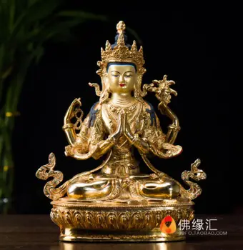Бронзовая статуя Будды с ручной росписью, позолоченная четырехрукая Гуаньинь Бодхисаттва Тара