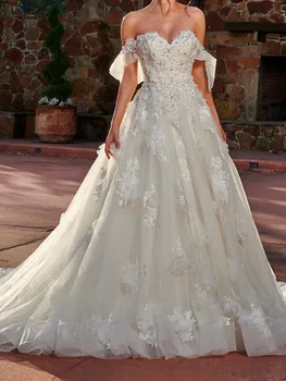 Великолепное Свадебное платье Со шлейфом без бретелек, на молнии сзади, тюль с аппликацией в виде 3D цветов с бисером, свадебные платья, отстегивающиеся от t
