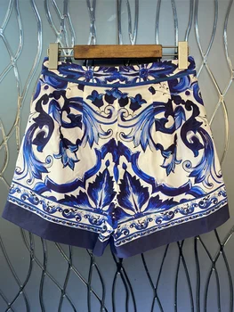 Весенне-летние новые шорты в стиле ретро, модные дизайнерские женские брюки, показ мод, высококачественные синие повседневные брюки с цветочным принтом и карманами