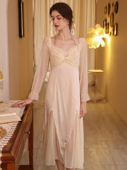 Весенне-летние ночные рубашки принцессы, Шелковая сетка, пижама с длинным рукавом и разрезом, пижама Принцессы, Сексуальное платье, Ночная рубашка для дам