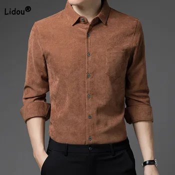 Весенне-осенняя трендовая мужская однотонная вельветовая рубашка с длинным рукавом, деловые офисные рубашки с отложным воротником и пуговицами, мужская одежда