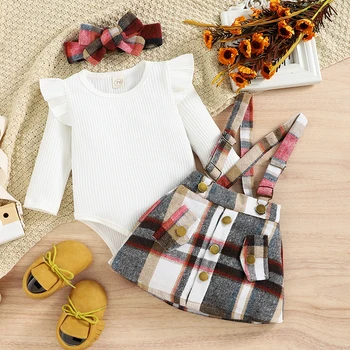 Весенний комплект одежды для маленьких девочек, однотонный детский комбинезон в рубчик с длинными рукавами и оборками, юбка на подтяжках с клетчатым принтом, повязка на голову
