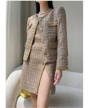 Весна 2023, Абсолютно новые дизайнерские женские твидовые куртки высокого качества с круглым вырезом + Платье без рукавов C749