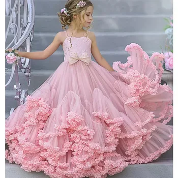 Вечерние Розовые детские платья в цветочек для девочек на свадьбу, Розовые многоуровневые юбки, Нарядные платья для малышей, одежда для Первого Причастия из тюля, расшитая бисером