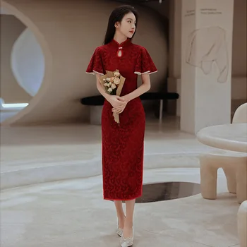 Винтажная улучшенная одежда для невесты в китайском стиле, сексуальный Чонсам с высоким разрезом, Элегантная одежда для тостов из бордового кружева Qipao с коротким рукавом