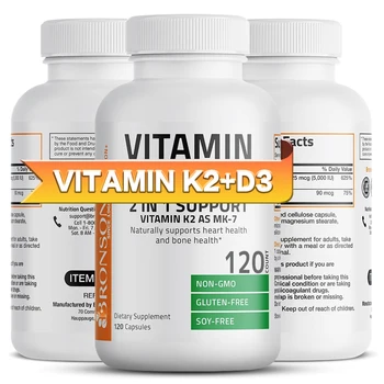 Витамин K2 (MK7) с D3 для здоровья костей и сердца, формула без ГМО, легко усваиваемый комплекс витаминов D и K.