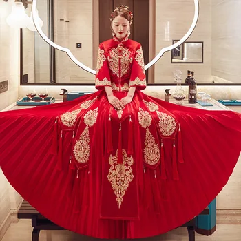 Восточное платье Ципао с Вышивкой бисером и кисточками, традиционное Китайское свадебное Платье Ципао для Невесты и Жениха китайская одежда