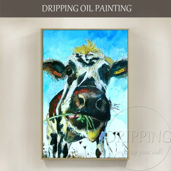 Высококачественная современная настенная живопись ручной работы, Животное, корова, картина маслом, забавное животное, корова, едящая картину маслом для декора стен