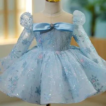 Высококачественное детское вечернее платье с синими блестками для выступлений на Свадьбу, День рождения, Крещение, праздничные платья для девочек