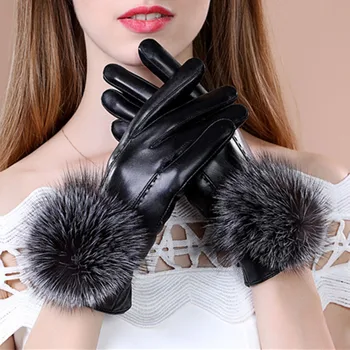 Высококачественные женские кожаные перчатки из овчины, зимние теплые перчатки с бархатной подкладкой, Утолщенный натуральный лисий мех, женский сенсорный экран