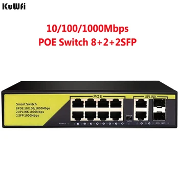 Гигабитный коммутатор POE KuWFi 52V 10/100/1000 Мбит/с, 8 Портов POE + 2 восходящих канала + 2 сети Ethernet 802.3 af/at для IP-камеры/Беспроводной точки доступа