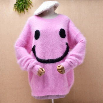 дамы женская мода sweeet розовая улыбка узор волосатая норка кашемировый вязаный свободный пуловер оверсайз из ангорского меха джемпер свитер