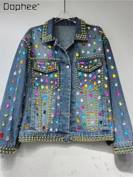 Джинсовая куртка ручной работы со стразами, разноцветные кристаллы, Женская осенняя новинка 2023, универсальные Свободные синие джинсовые куртки с длинными рукавами, Женские