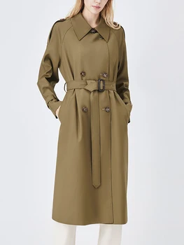 Женская ветровка средней длины цвета Хаки, Осень-зима 2023, Модное Повседневное Свободное Пальто в корейском стиле, Однотонный тренч на шнуровке, пальто