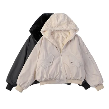 Женская двусторонняя плюшевая летная куртка с капюшоном, свободная куртка с хлопковой подкладкой, осенне-зимнее пальто, куртка с хлопковой подкладкой