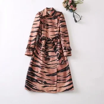 Женская одежда на зиму 2023 с длинным рукавом и лацканами, Двубортный пояс с леопардовым принтом, Модный тренч, новинка в европейском и американском стиле
