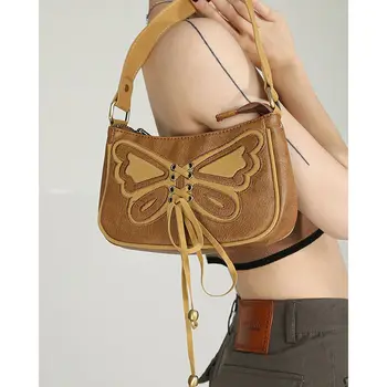 Женская сумка с бабочкой, винтажная сумка через плечо из искусственной кожи, кружевные ремешки, сумочка с цепочкой, сумка подмышками, Кошельки, сумки