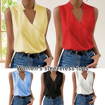 Женская футболка-жилет, модные летние однотонные рубашки без рукавов, Женские свободные топы с V-образным вырезом