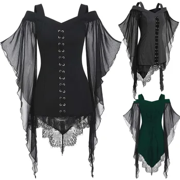 Женские костюмы для косплея ведьмы на Хэллоуин, готический нерегулярный лоскутный топ, шифоновая рубашка, праздничная одежда для косплея