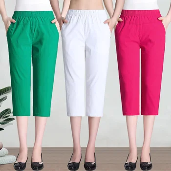 Женские летние брюки, капри, Корейские модные Свободные универсальные шаровары длиной до икр, повседневные короткие брюки с высокой талией