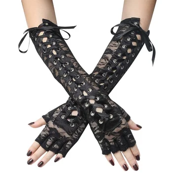 Женские сексуальные руки длиной до локтя в стиле панк без пальцев, Теплые готические черные Аксессуары для косплея, ажурные сетки, вечерние кружевные перчатки