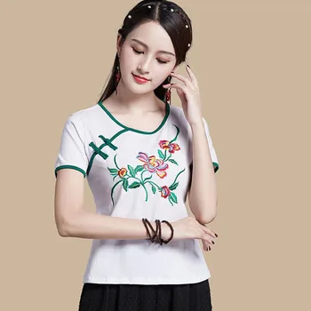 Женские топы больших размеров Cheongsam 2023, модные рубашки Qipao из хлопчатобумажной ткани с вышивкой и сращиванием, с коротким рукавом в китайском стиле