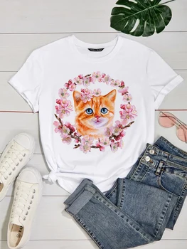 Женские футболки, Футболка с милым котом, Женская футболка в стиле Харадзюку, Винтажная Свободная Женская футболка с коротким рукавом, Кавайная графическая Одежда