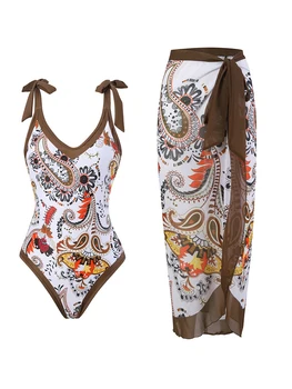 Женский купальник с модным принтом 2023, Сексуальные купальники с высокой талией, женская цельная шифоновая пляжная юбка, Комплект Бикини для плавания