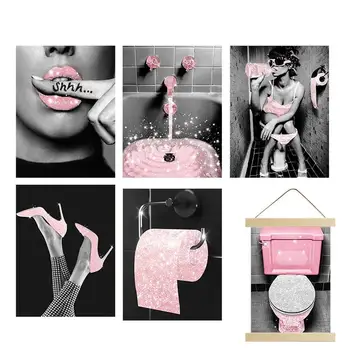 Женский розовый модный настенный плакат 6 шт. Женские розовые и серые картины на холсте без рамы, плакаты, Фотографии, настенные рисунки в ванной