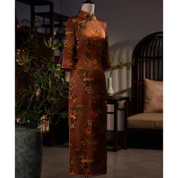 Женское Китайское Традиционное Тонкое платье Чонсам с кофейным Принтом, Костюм, Длинные Платья, Сексуальное Ципао
