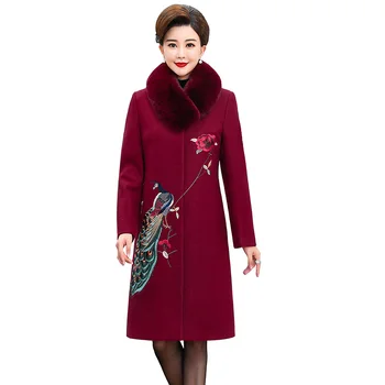 Женское осенне-зимнее новое шерстяное пальто, женская высококачественная одежда среднего возраста с меховым воротником, вышитые Шерстяные пальто, Женские пальто 5XL