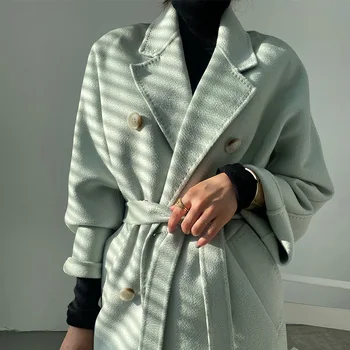Женское пальто MaxMara из гофрированной двусторонней шерсти, осенне-зимнее новое темпераментное свободное твидовое пальто средней длины на шнуровке