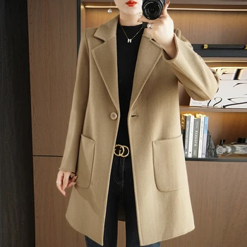 Женское пальто средней длины CAIXINGLE, осень-зима, модное шерстяное пальто из 100% чистой шерсти, повседневный костюм с лацканами, модный новый топ