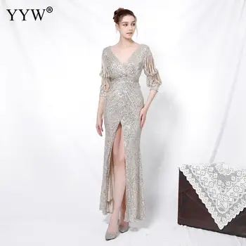 Женское Сексуальное Вечернее платье с Глубоким V-образным вырезом 2020, Элегантное Свадебное платье с коротким рукавом и блестками, Длинное платье с разрезом спереди, Femme Vestidos XXL