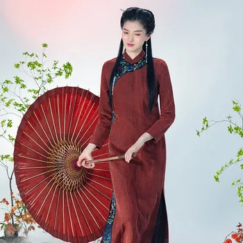 Жизнь слева Женское платье из Гуандунской марли с улучшенной вышивкой Чонсам с длинным рукавом, традиционное китайское шелковое платье