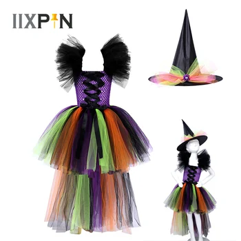 Забавное фиолетовое платье для Косплея Волшебника на Хэллоуин для девочек, сетчатые платья-пачки без рукавов с бретельками на шее, юбка для вечерних нарядов