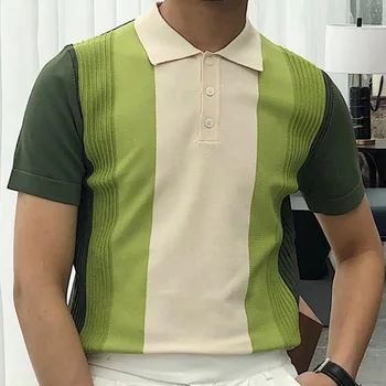 Зеленая полосатая трикотажная рубашка с отворотом, рубашка поло с коротким рукавом, футболка, мужской топ