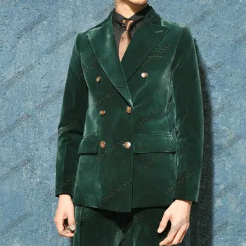 Зеленые Бархатные Мужские костюмы в Английском стиле, Повседневная Двубортная куртка с брюками, Приталенный Крой, 2 предмета, Деловая мужская одежда для курения